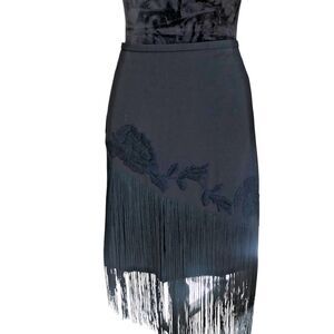 BCBG Maxazria Black Tiered Fringe Embroidered Cowgirl Western Mini Skirt 6